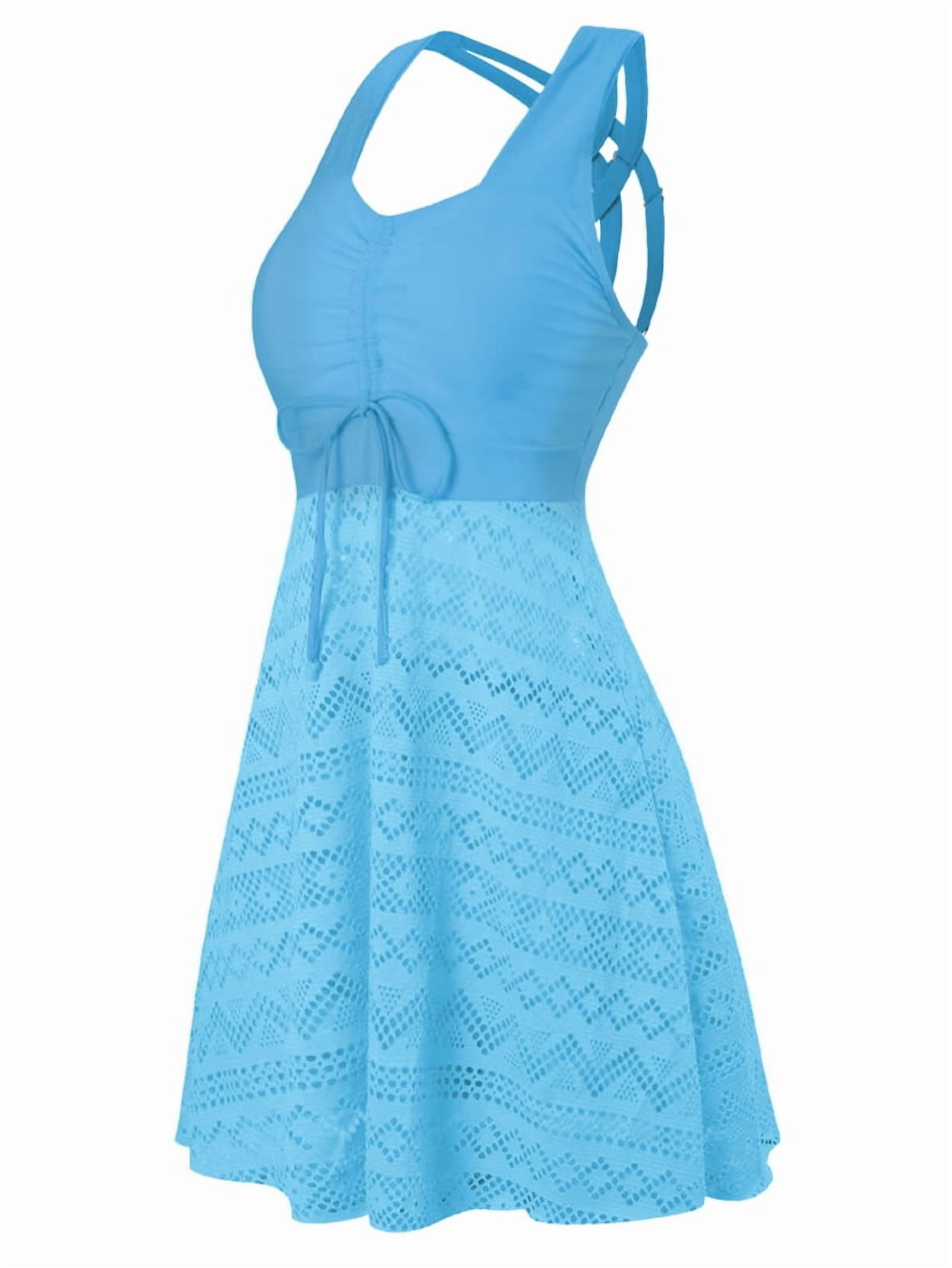 Womens Plus Size High Waist Skirted Swimsuit Tummy Control Lace Mesh Top and Swim Bottoms Light Blue 4XL
