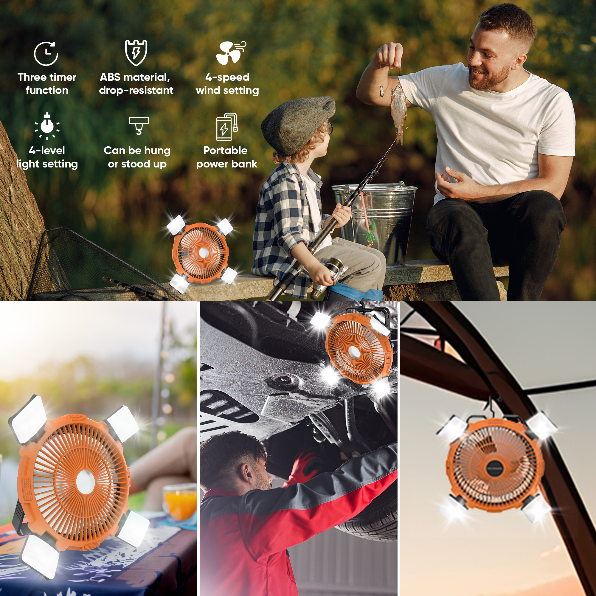 PortableOut Camping Tent Fan, Battery Powered Fan, USB Outdoor Fan, Camping Accessories