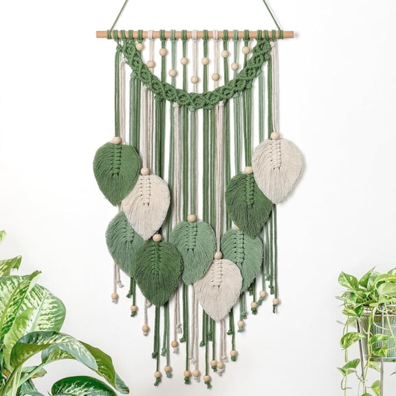 Sinkoo Macrame Wall Hanging, 29.9"x15.7" Green Boho Wall Decor for Apartment Living Room BedroomTapestry, Kawaii Gothic Woven Leaves Hangings