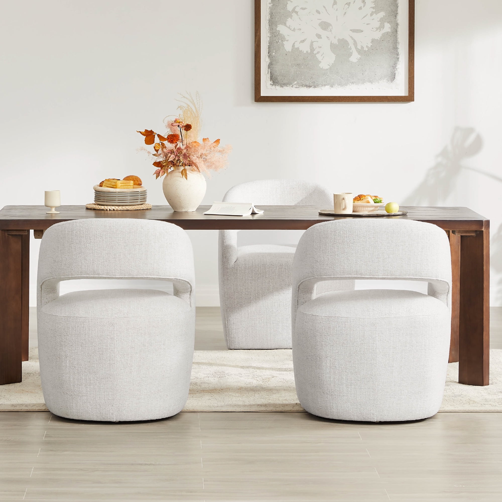 Spruce & Spring Barrel-Style Dining Chair with Upholstered Seat and Casters, No Assembly Required, Multi-colored Wheat Fabric