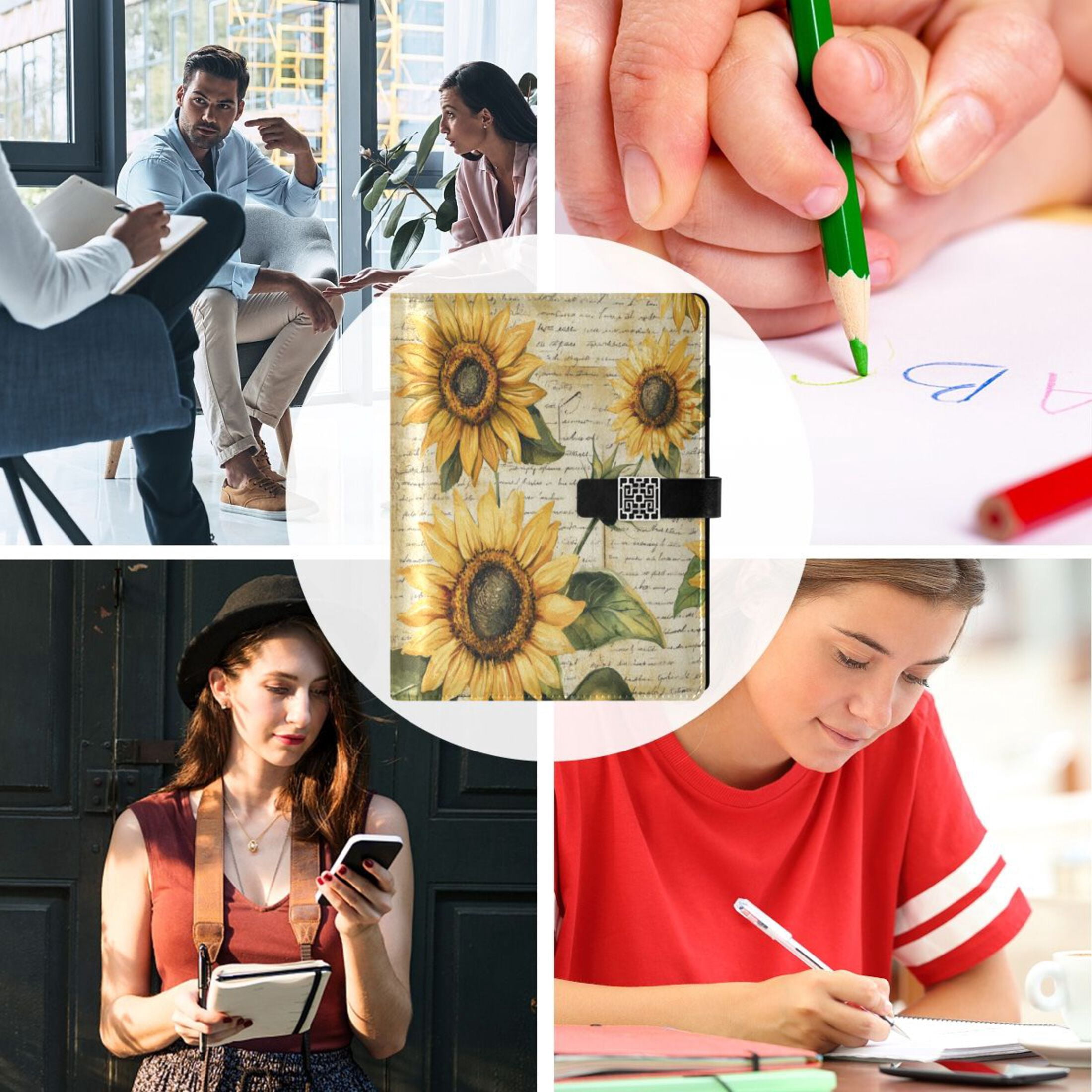 9.2x6.7 inch Leather Notebook 100 Sheets, Multi-Pocket Design & Pen Loop Vintage Sunflowers Refillable Journal Organizer
