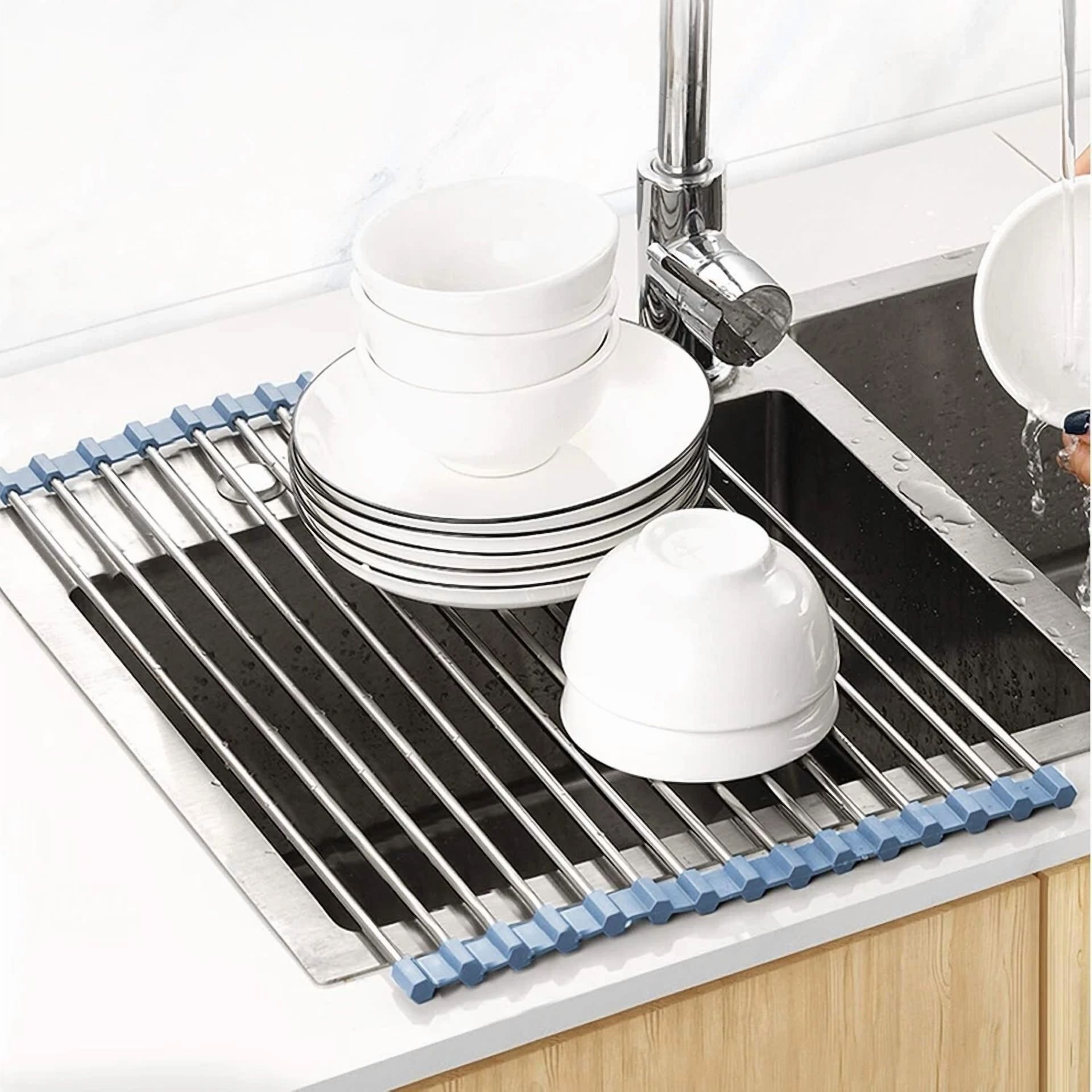 PRIME - Over The Sink Dish Drying Rack,Roll Up Dish Drying Kitchen Rack Stainless Steel