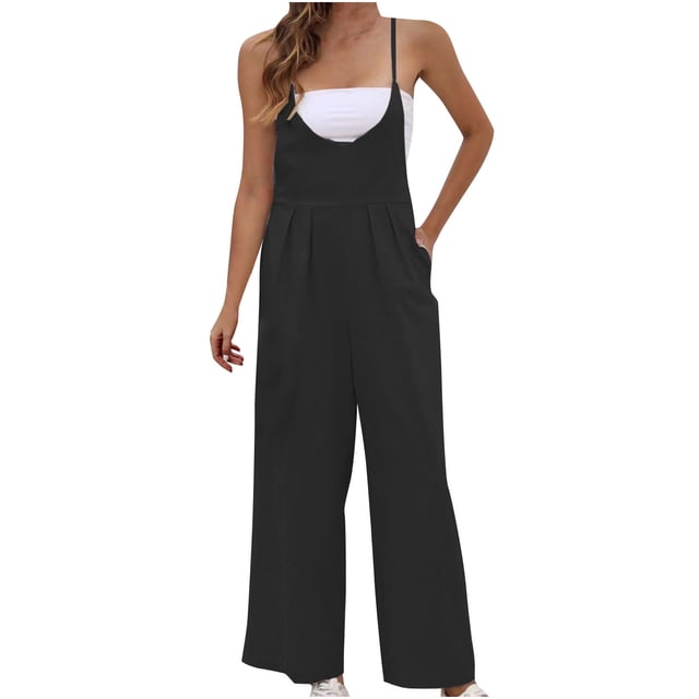 aidice Summer Jumpsuit for Women Cotton Linen Lightweight Spaghetti Strap Ruched Casual Wide Leg Rompers