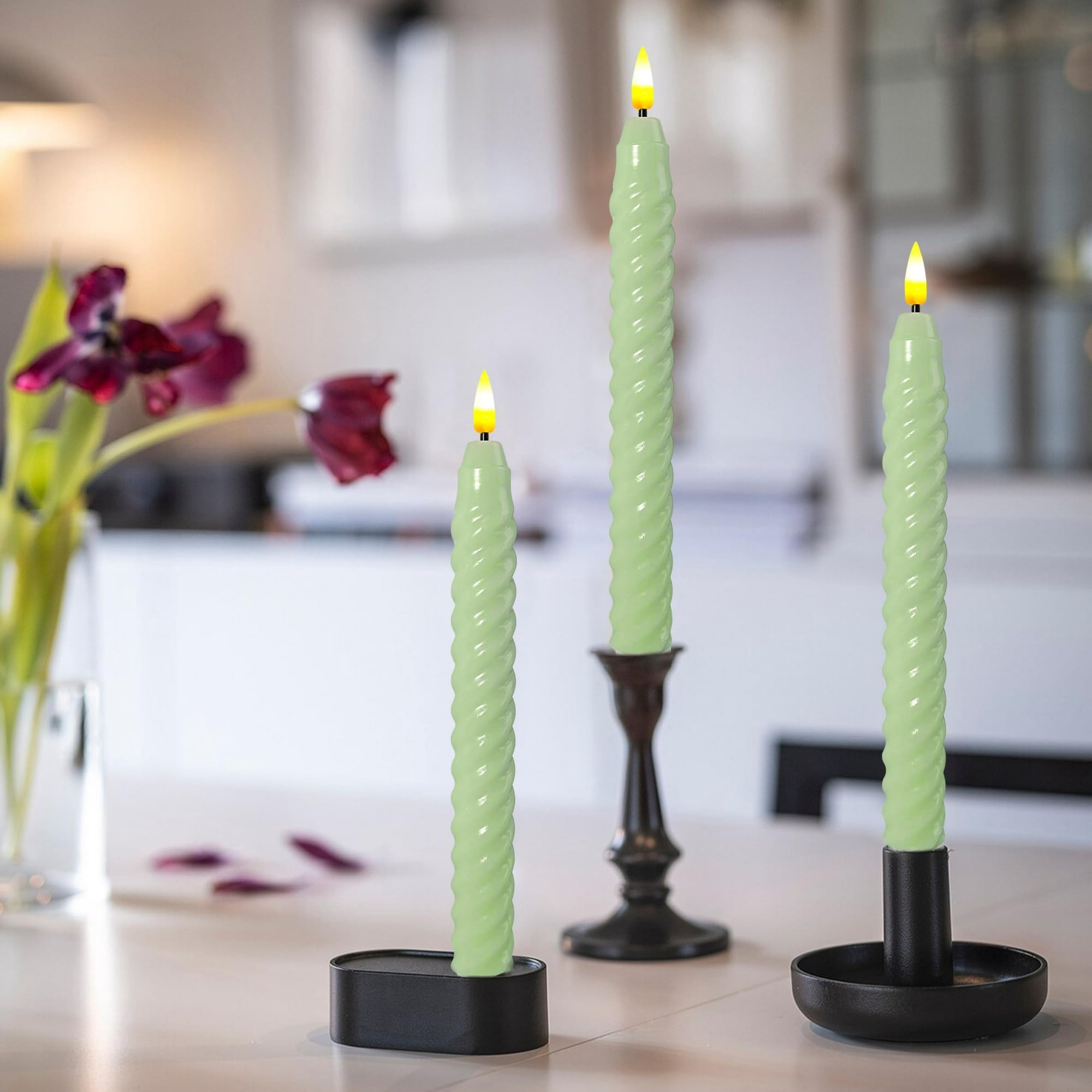 Green Spiral Flameless Taper Candles, 9.8 Inch Flickering Candles with Remote and Timer, Real Wax Candlesticks LED Battery Operated 3D Wick for Wedding Party Home Decor
