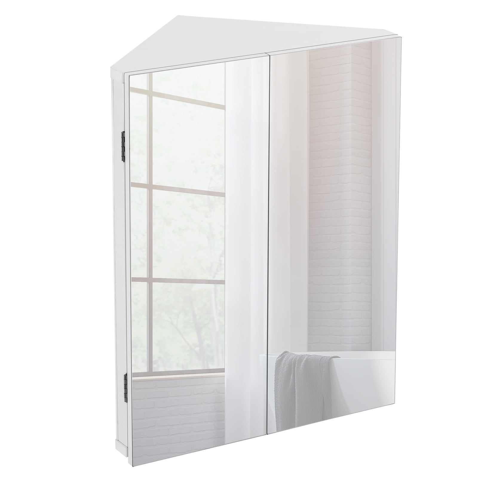 Eclife 2 Doors Corner Medicine Cabinet with Mirror Wall Mounted Bathroom Organizer, White