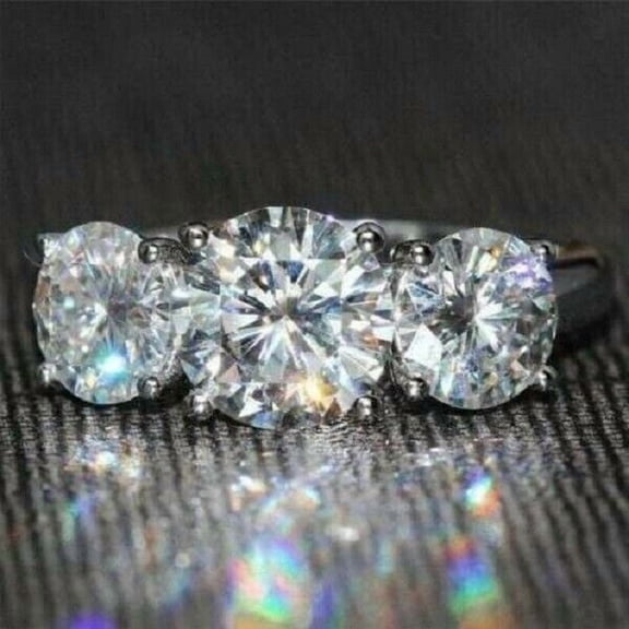 3Ct Lab Created Round Diamond Solitaire Three Stone Engagement Ring 14K White Gold Finish