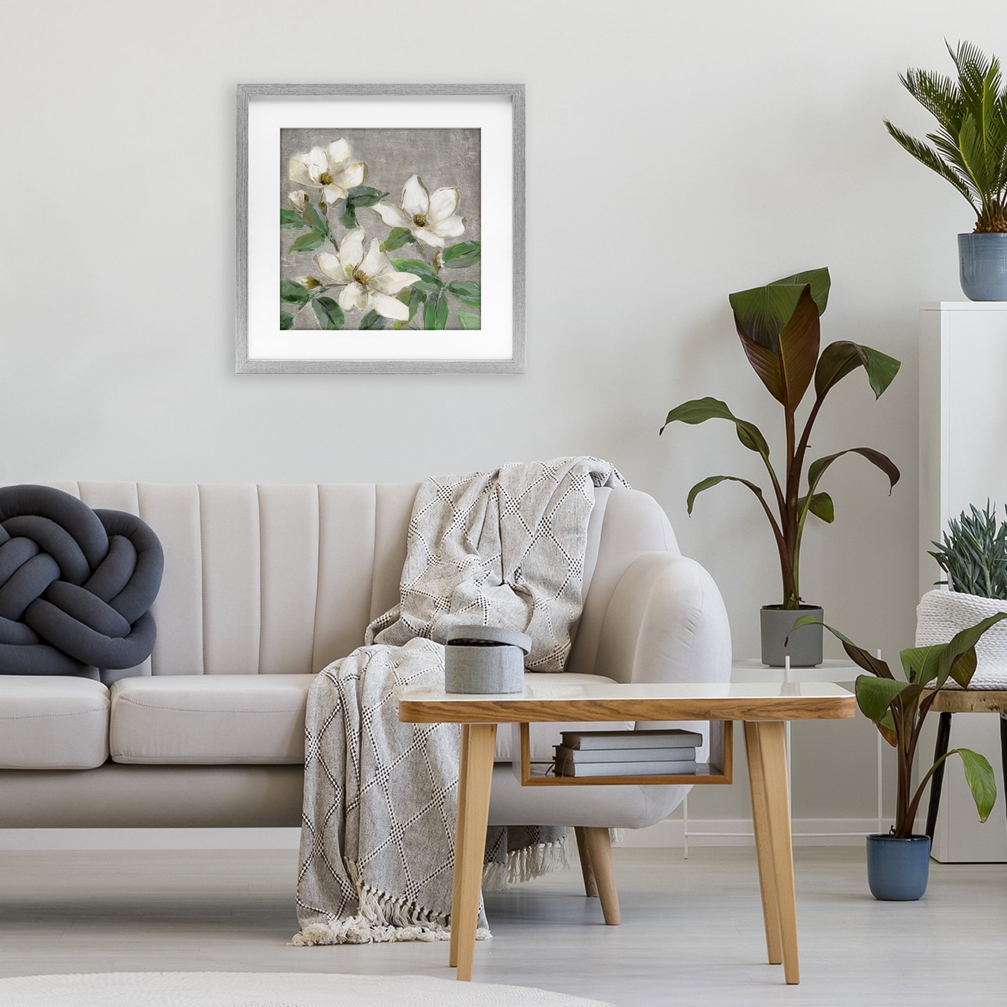 Stupell Industries Ivory Magnolias on Grey Gray Framed Print Under Glass, design by Sally Swatland