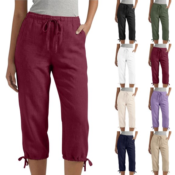 Cotton Linen Capri Pants for Women 2026 Casual Elastic Waist Drawstring Capris with Tie Cuffs Comfy Summer Pants Wine XXL