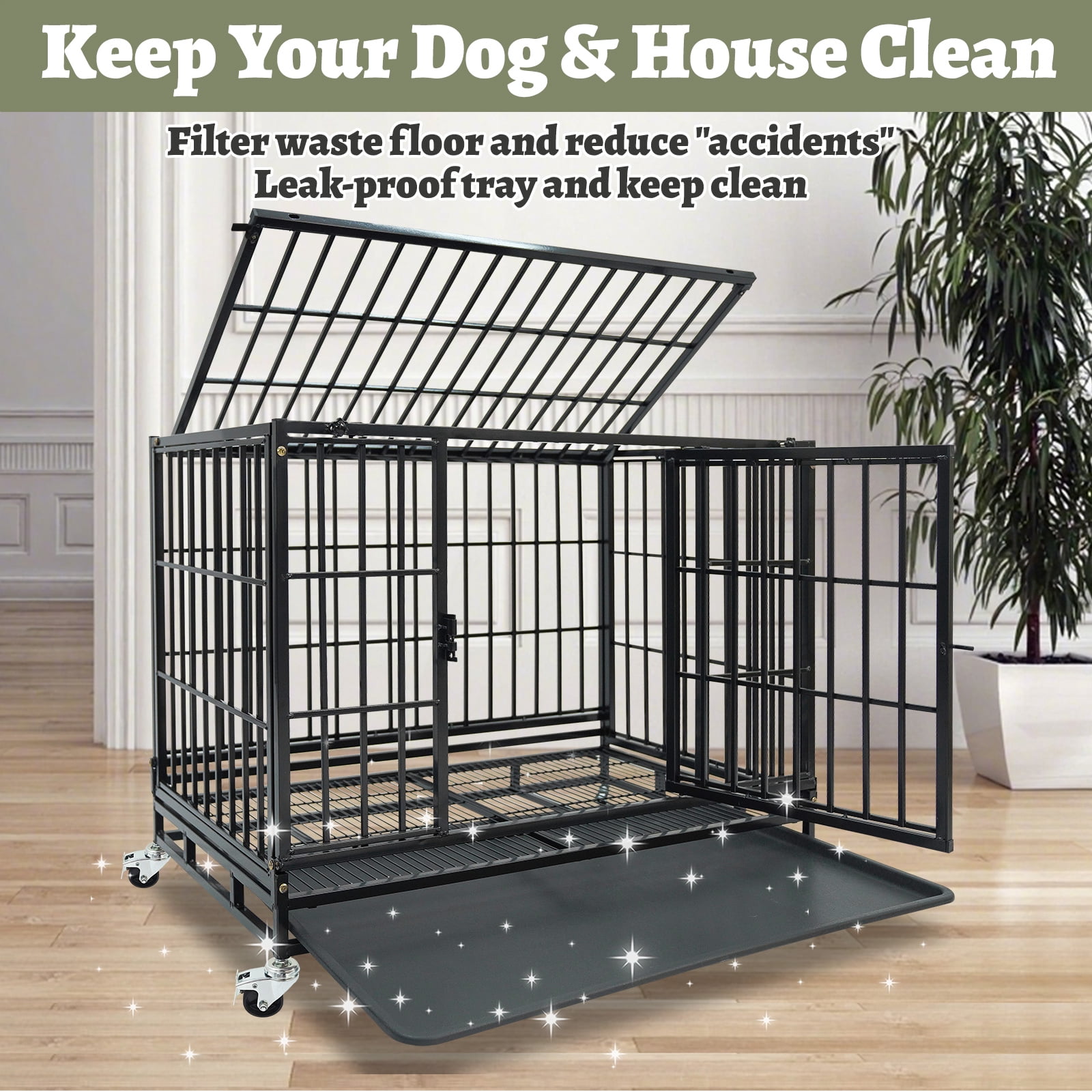 Homey Pet Stackable 36 Inch Dog Crate, Heavy Duty Dog Cage Escape Proof Collapsible Kennel with Open Top, Lockable Wheels, Removable Tray & Grid for Medium/Small Dogs