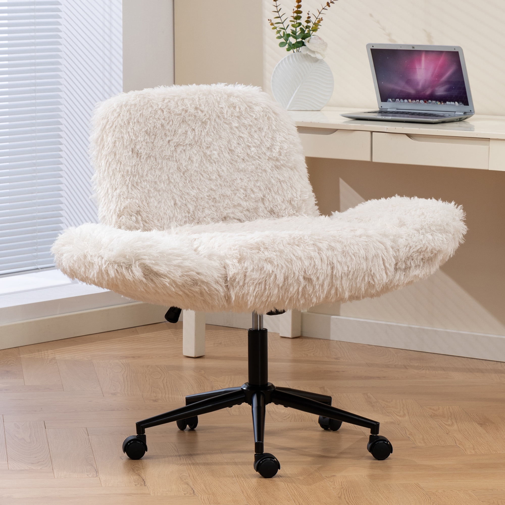 Jopath Criss Cross Chair with 5-Gear Adjustable Armrests and Wheels, Ergonomic Thickened Backrest Swivel Desk Chair for Home Office Vanity Bedroom and Living Room Beige Lamb Wool