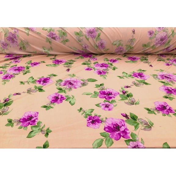 Printed DTY Spandex Stretch Apparel Fabric Peach Fuchsia Purple Floral J224