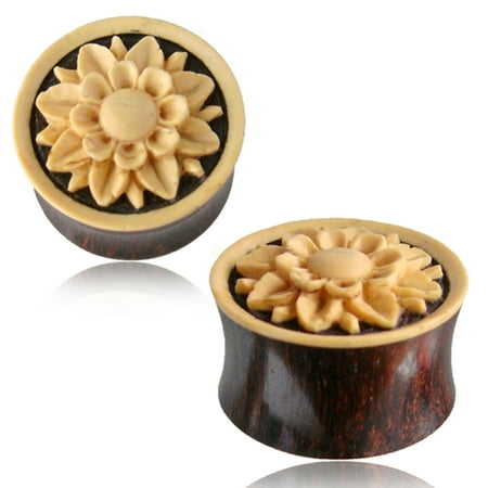 - Organic Tamarind Wood Coco Shell Lotus Flower Floral Inlay Two-Tone Double Flared Saddle Ear Plugs, Pair