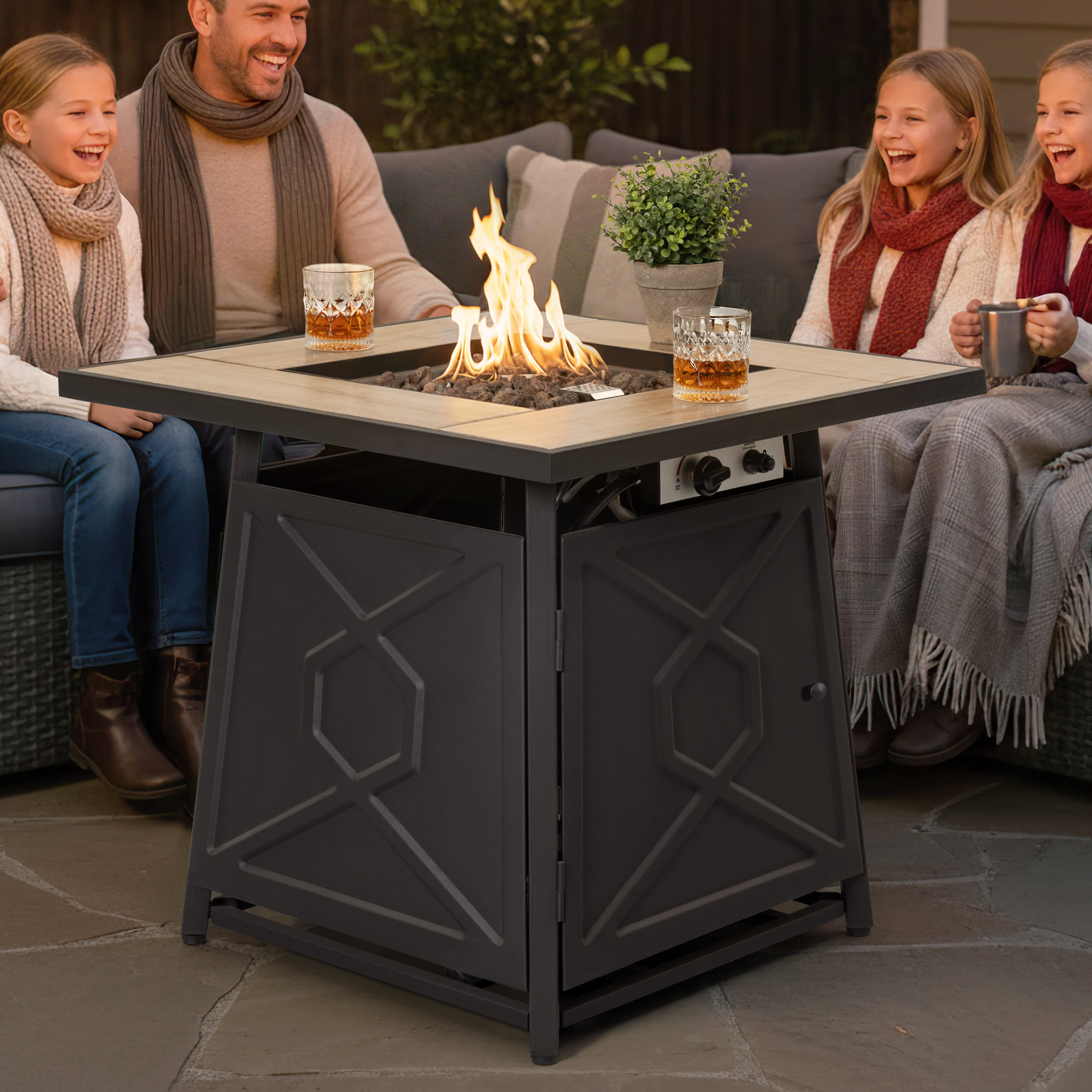 Nuu Garden Outdoor 28" Square 50000 BTU Propane Gas Fire Pit Table with Lid and Lava Rocks, Cover, MGO Tabletop Fire Pit Table, Black
