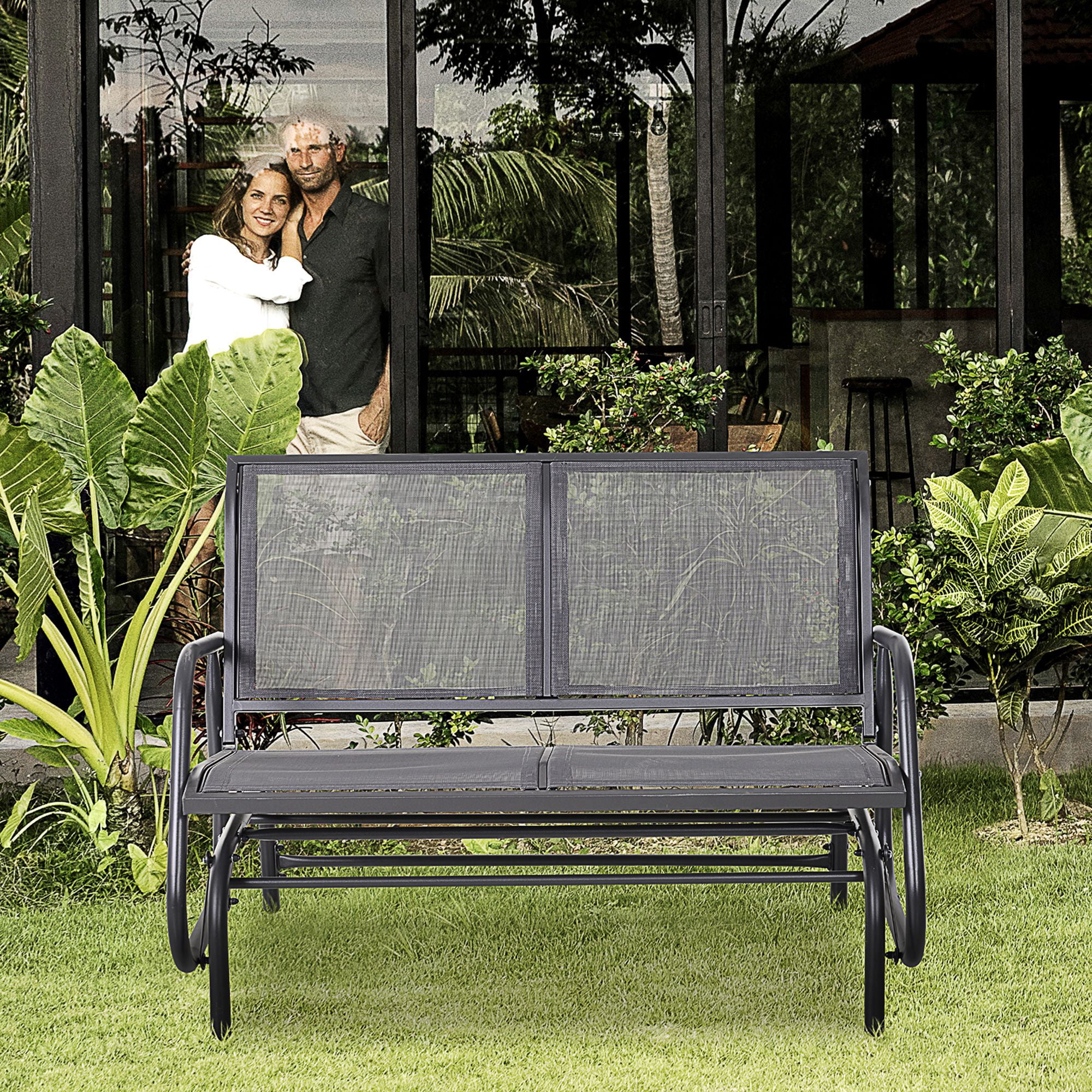 2 Person Outdoor Double Glider Bench, Breathable Quick Dry Sling Fabric Porch Rocking Chair, Powder Coated Steel Frame Supports 440 LBS for Patio Garden Backyard
