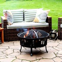Sunnydaze 25" Round Wood-Burning Black Finish Steel Fire Pit with Mesh Stripe Cutouts