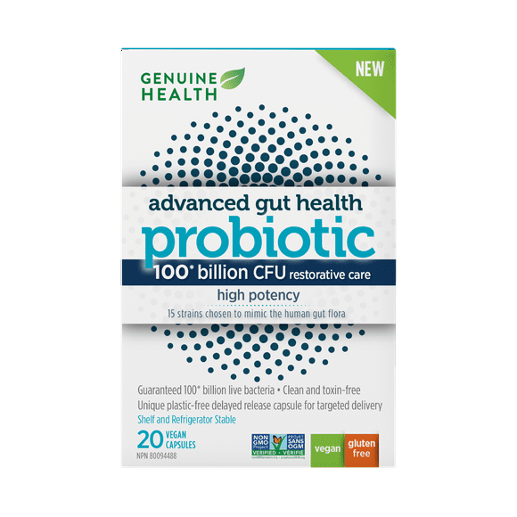 Genuine Health Advanced Gut Health Extra-Strength Probiotic, 20 count, 100 Billion CFU, 15 diverse and balanced strains per capsule, Dairy, soy & gluten-Free, Non-GMO, Vegan