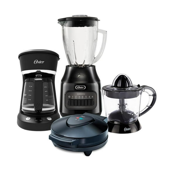 Combo Oster 4 Elementos con Licuadora, Cafetera Programable, Exprimidor y Plancha para Asar