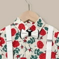 thumbnail image 4 of Weebloom Kids Boys Summer Outfits,Cartoon Printed Short Sleeved Shirt Solid Color Suspenders Shorts Bow Tie 4 Piece Children Performance Suit Casual Sportswear,1-2 Years, 4 of 5