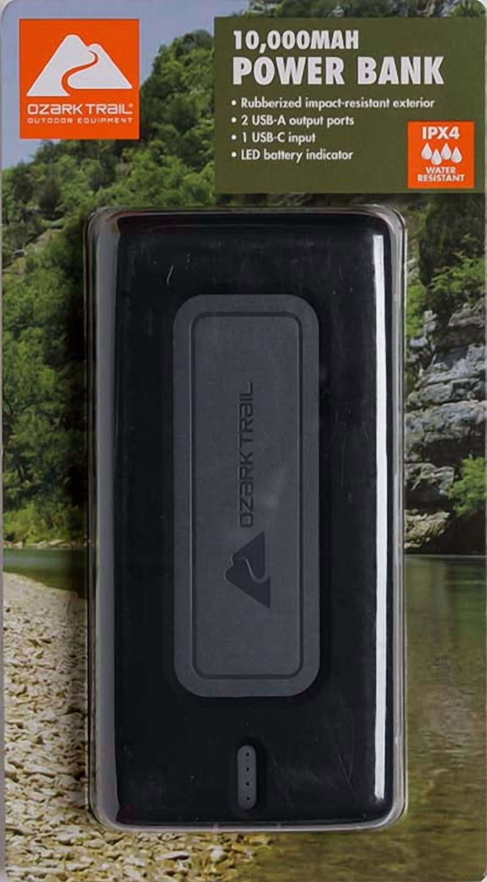 Ozark Trail 10,000 mAh Power Bank – IPX4 Water-Resistant Portable Charger, Black