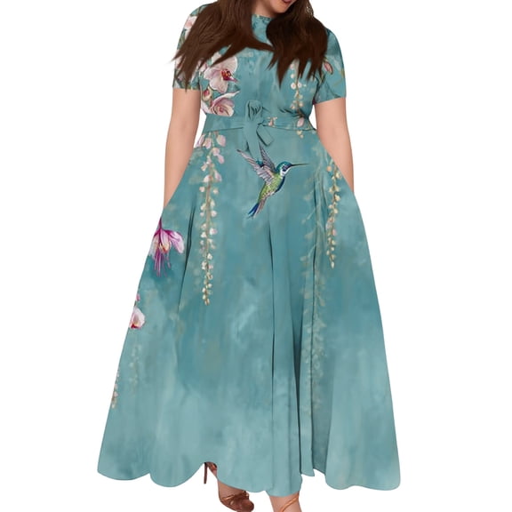 LWavelet Women's Plus Size Vintage Green Maxi Dress Short Sleeve Tie Waist Casual Lace Trim Dress with Pockets Blue L