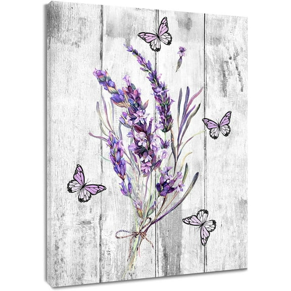 Lavender Flower Wall Art Purple Butterfly with Floral Canvas Wall Art for Bedroom Rustic Grey Plank Painting Wood Framed Prints Wall Decor for Living Room Bathroom,12x16 inches