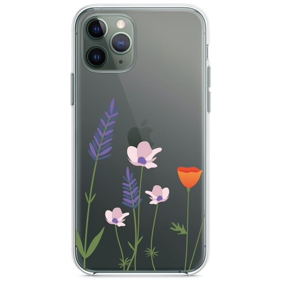 DistinctInk Clear Shockproof Hybrid Case for iPhone 11 (6.1" Screen) - TPU Bumper Acrylic Back Tempered Glass Screen Protector - Wildflowers Blue Purple Pink