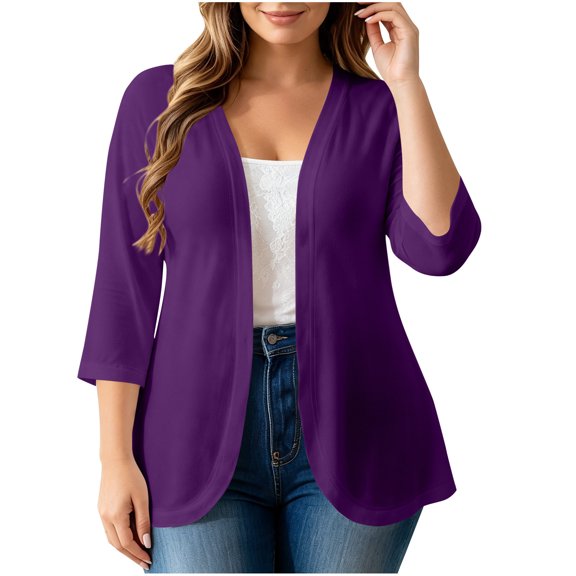 Vrorvz Plus Size Cardigan for Womens 3/4 Sleeve Open Front Cardigans Lightweight Breathable Jacket Vacation Beach Top