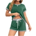 thumbnail image 1 of ShomPort Womens 2PC Outfits Short Sleeve Round Collar T-Shirts High Waist Drawstring Shorts Color Block Stretchy Athletic Set, 1 of 8