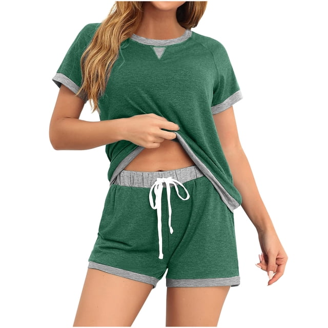 ShomPort Womens 2PC Outfits Short Sleeve Round Collar T-Shirts High Waist Drawstring Shorts Color Block Stretchy Athletic Set
