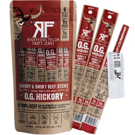 Righteous Felon Grass-Fed Meat Sticks - Low Sugar, High Protein Beef - OG Hickory, 6 pack