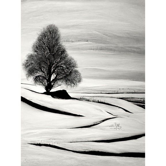Lone Tree Winter Landscape Illustration Black White Unframed Wall Art Print Poster Home Decor