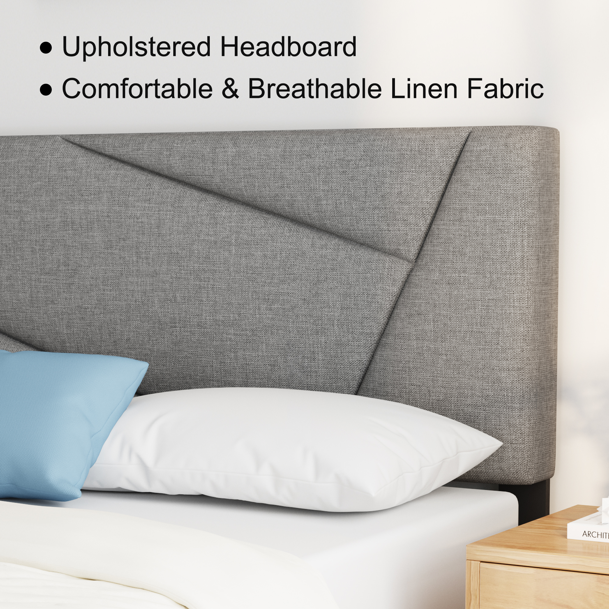 Full Bed Frame, HAIIDE Full Size Platform Bed Frame with Fabric Upholstered Headboard, Light Grey - image 3 of 7