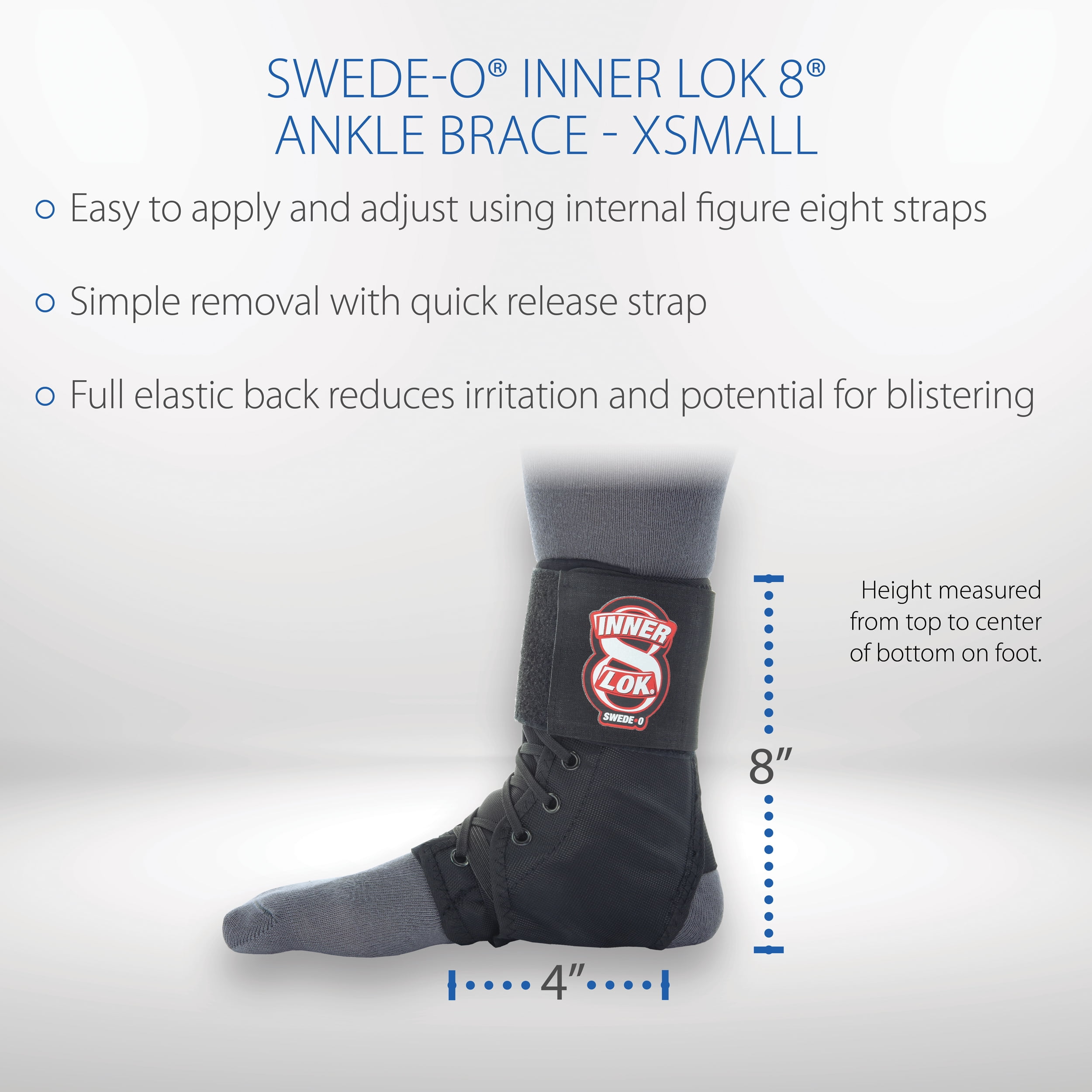 Swede-O Inner Lok 8 Laced Ankle Brace, Ballistic Nylon with Quick Release Strap, Black, XSmall