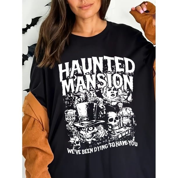 Halloween T-shirt - Casual Crew Neck T-Shirt with Haunted Mansion Graphic, 100% Cotton Fabric with Slight Stretch, Summer Women's Tee with Short Sleeves
