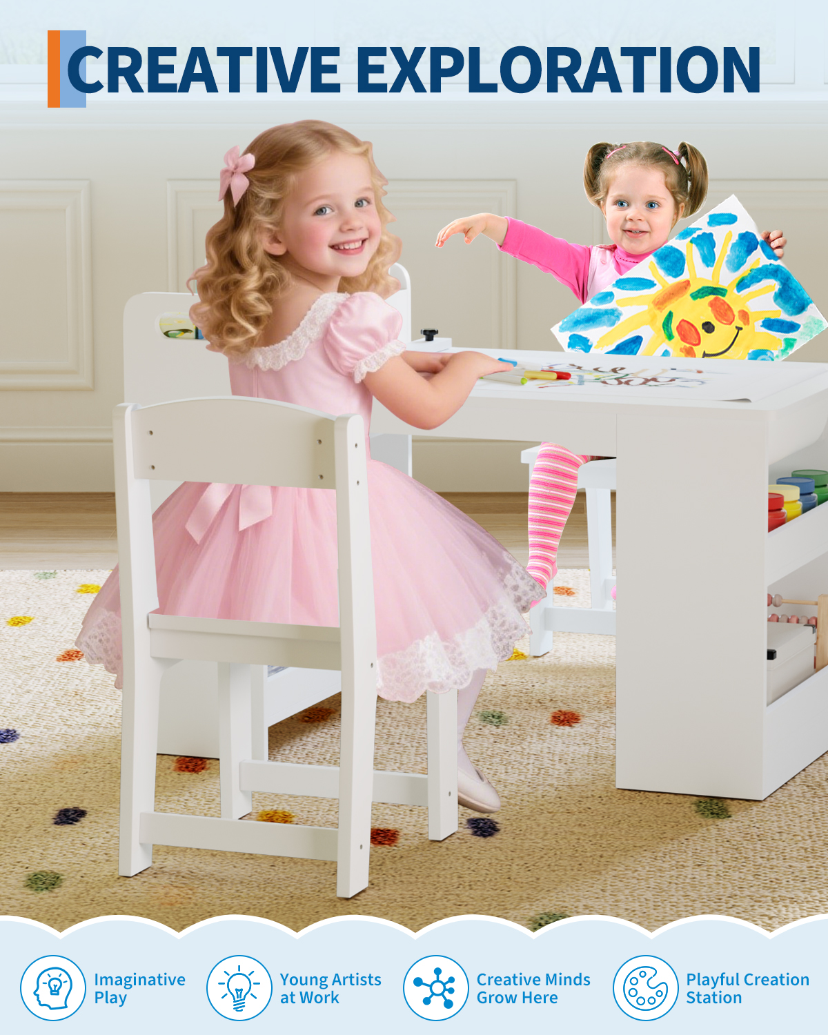 Kids Art Table and Chair Set with Storage Shelves & Paper Roll – Large Wooden Craft & Activity Desk for Drawing, Painting, Learning, Reading – 3-Piece Set – White