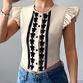 thumbnail image 5 of Womens Blouses Women's Tops, Tees & Blouses Women's Embroidered Blouses Short Sleeved Button Round Neck Fashionable Top Beige S, 5 of 5