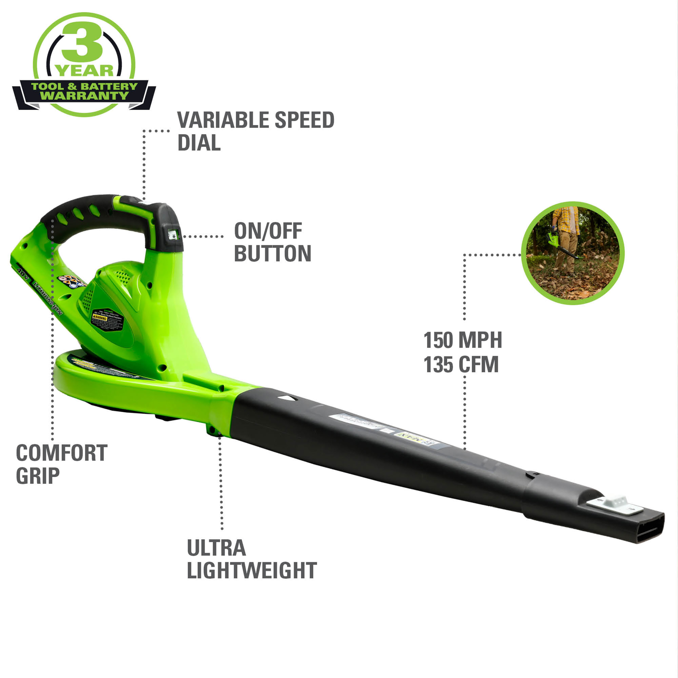 Greenworks 40V 340 CFM Cordless Brushless Leaf Blower/ Vacuum, Battery Not  Included, 24312
