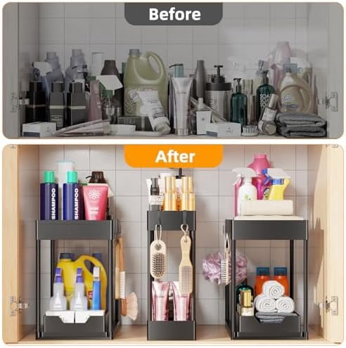 3 Pack Under Sink Organizer, Pull-Out Cabinet Organizer Drawer, 2 Tier Multi-Purpose Slide Out Storage Shelf for Kitchen Bathroom, Black
