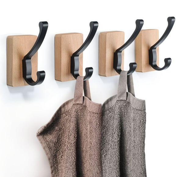4 Pack Wood Wall Hooks, Wall Mounted Coat Hooks Rustic Coat Hat Hangers, Drilling-Free Towel Wall Hooks for Hanging Coats Towel Hat, Keys Purse Bag and Robe