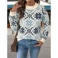 thumbnail image 5 of Women Snowflake Pattern Sweater Contrast Trim Crew Neck Long Sleeve Knit Tops Casual Loose Fit Pullover Sweaters Blue L, 5 of 10