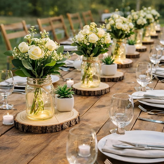 12 Sets Wedding Table Centerpieces 4.8 Inches Glass Mason Jar Vase with Wood Slices Coasters and Jute Rope for Flower Arrangement Winter Xmas Farmhouse Home Decor