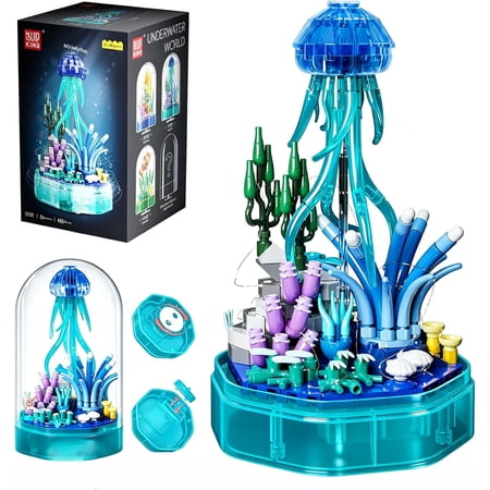 Sea Creature Collections Jellyfish Building Sets with Seaweed and Coral, 10101 Sea Animal Building Kits for Adults , 405 PCS Natural Style Ocean STEM Toy Music Box with Lights