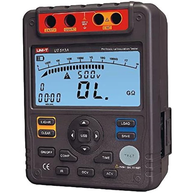 Probador de resistencia de aislamiento UNI-T UT513A 30 Gráfico de barras analógico AC / DCV 500V / 1000V / 2500V / 5000V DAR PI Tester Software para PC USB
