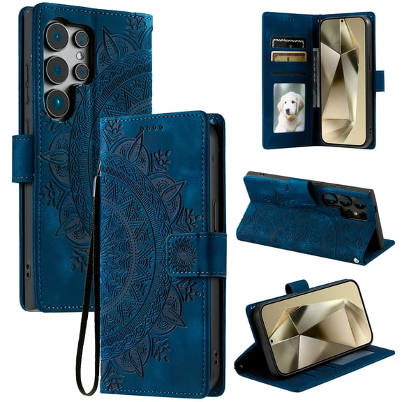 Flip Wallet Case for Samsung Galaxy S24 Ultra, Floral Pattern PU Leather Shockproof & Card Slots Full Body Protection Wrist Strap Kickstand Rugged Phone Cover for S24 Ultra, Blue