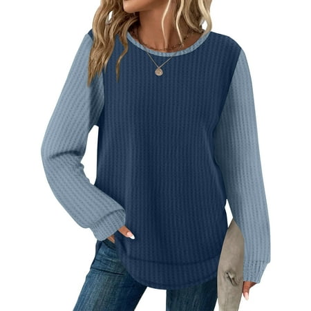 PEXLYCLU Waffle Long Sleeve Shirts for Women Waffle Women s Clothing Waffle Knit Tops for Women Oversized Crewneck Sweatshirt Dressy Casual Loose Fit Tunic Tops Long Sleeve Fall Shirts Blue M