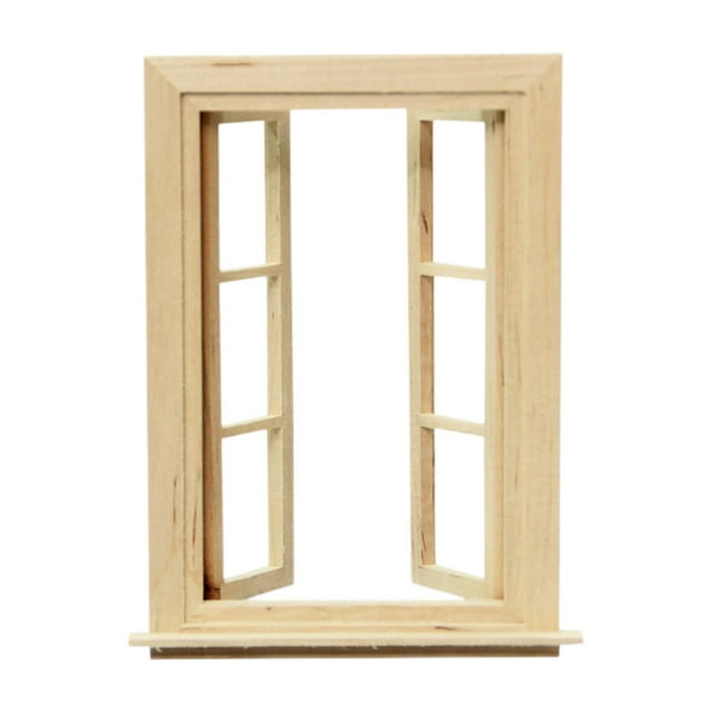 1/12 modelo de ventana de doble ventana de ventana de casa de muñecas, accesorios de muebles de casa de muñecas para la decoración de la — marco de madera a escala 1:12 con dos hojas abiertas, silueta rectangular con moldura y repisa inferior, color madera natural, dimensiones 10.4 x 13.4 x 2.3 cm; adecuado para casas de muñecas, dioramas y proyectos de manualidades; también suele usarse como detalle decorativo en cajas de escena en miniatura.