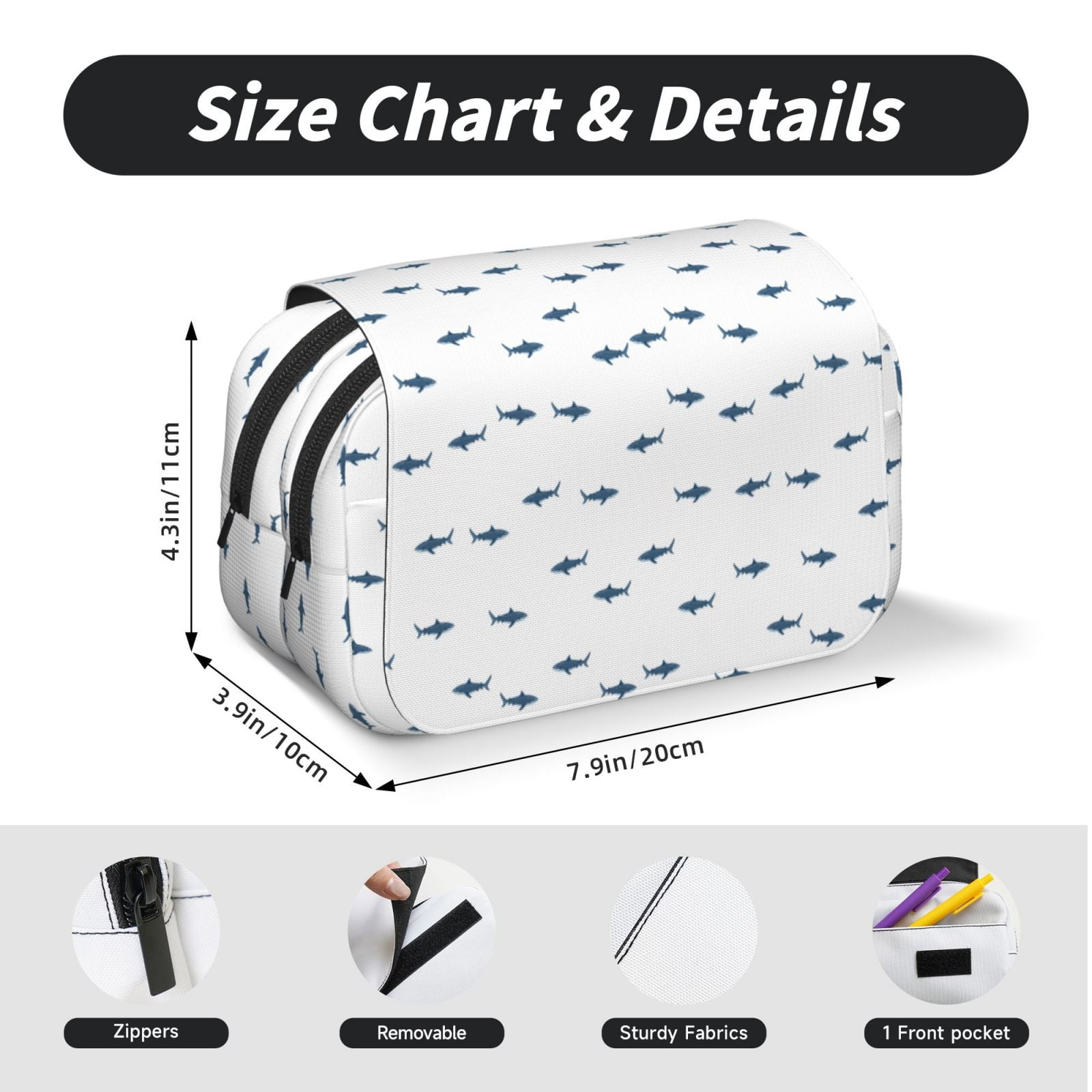 Rateoe Cute Shark Pattern Double Clamshell Pen Case, Storage Organizer with Two Zipper Compartments– Holds Up to 50 Pencils & Pens