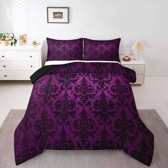 Gothic Bedding Sets Victorian Comforter Set,Black Damask Comforter Set Full,Vintage Baroque Goth Bed Set Black Floral Comforter Set Bohemian Decor,Purple