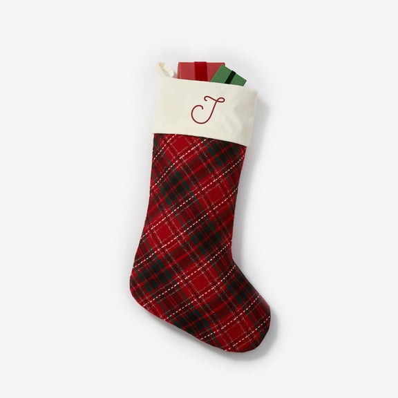 Personalization Mall Festive Embroidered Velvet Plaid Bow Christmas Stocking, T