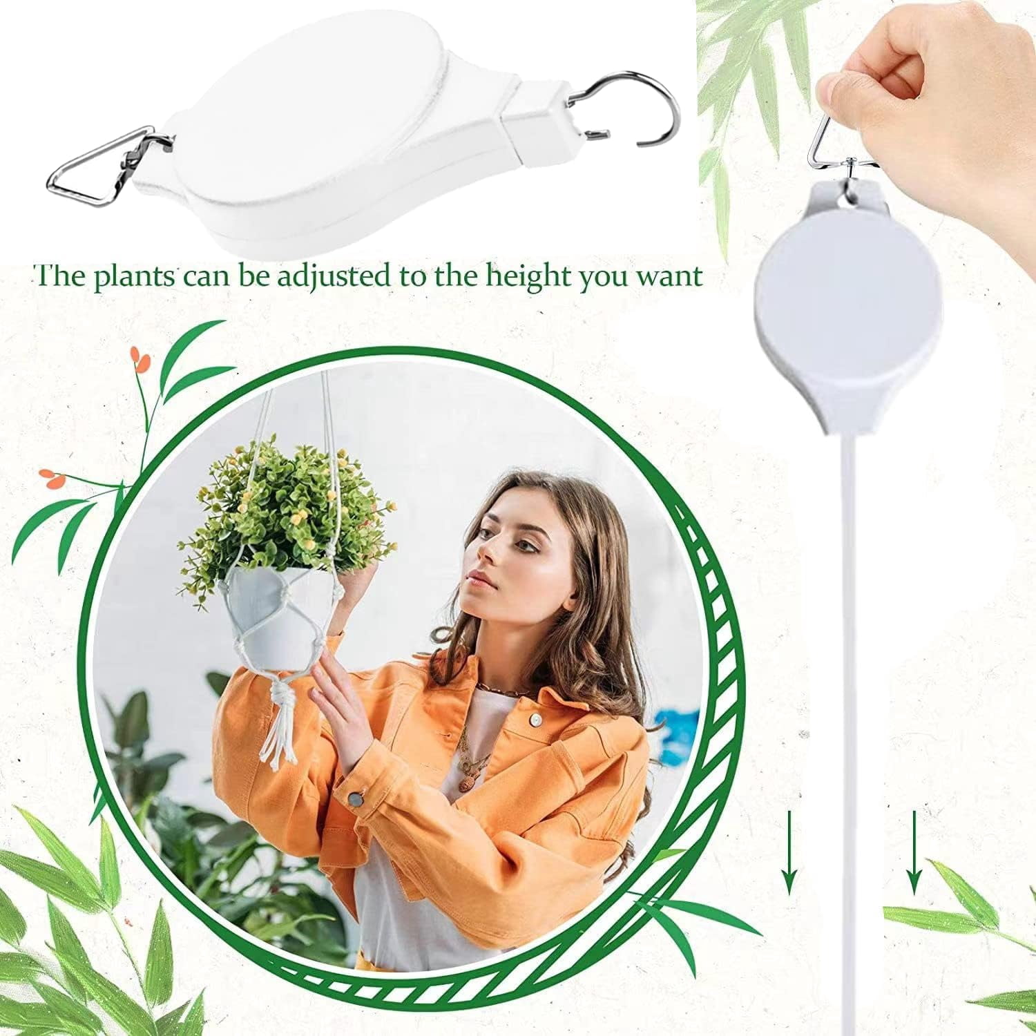Adjustable Plant Pulley Retractable Hanging Planters Flower Basket Hook Hanger for Gardening Pot and Outdoor Birds Feeders in Different Height Lower and Raise Pack of 3 Pieces(White)